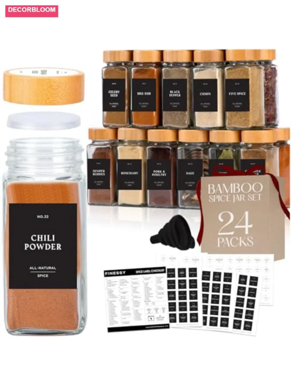 24 Pack 4oz Square Glass Spice Jars with Bamboo Lids and Shaker Tops